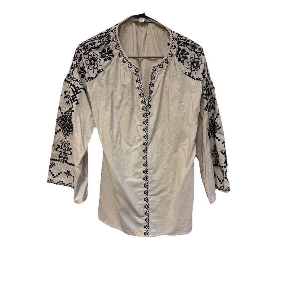 Blue Rain Embroidered Puff Sleeve Tunic Top Boho Women M Peasant Popover V Neck